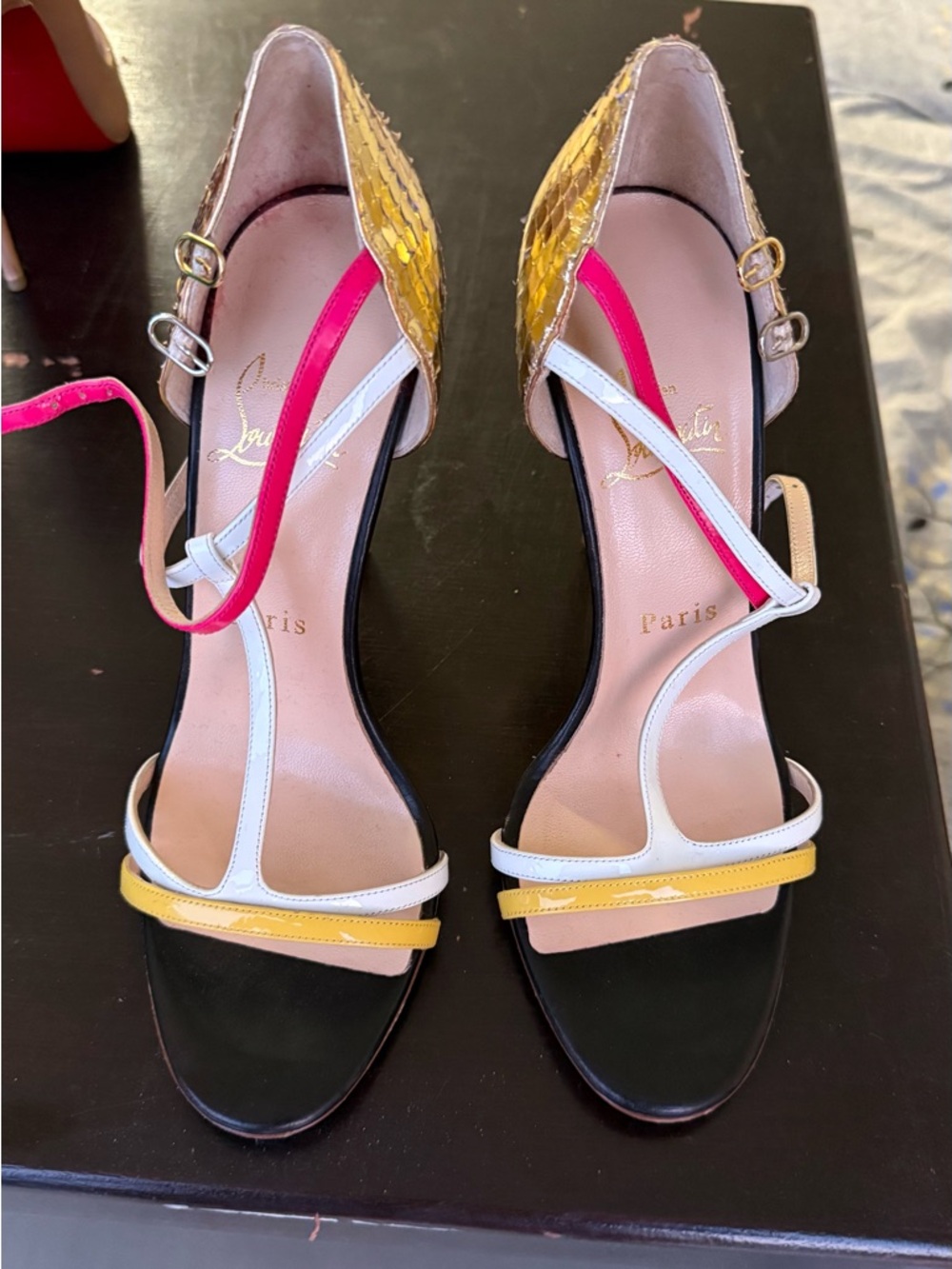 Christian Louboutin Yellow, Pink & White Patent Leather Strappy Heels